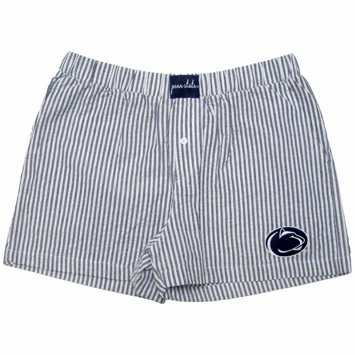 women's boxer shorts navy striped seersucker with Penn State Athletic Logo